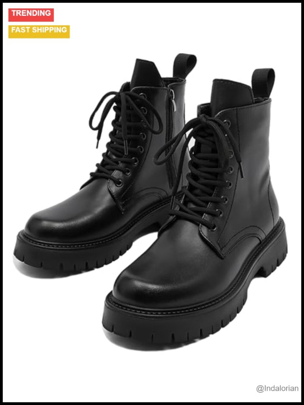 Men's Patent Leather Combat Boots Platform Chunky Heel Lace Up Side Zipper